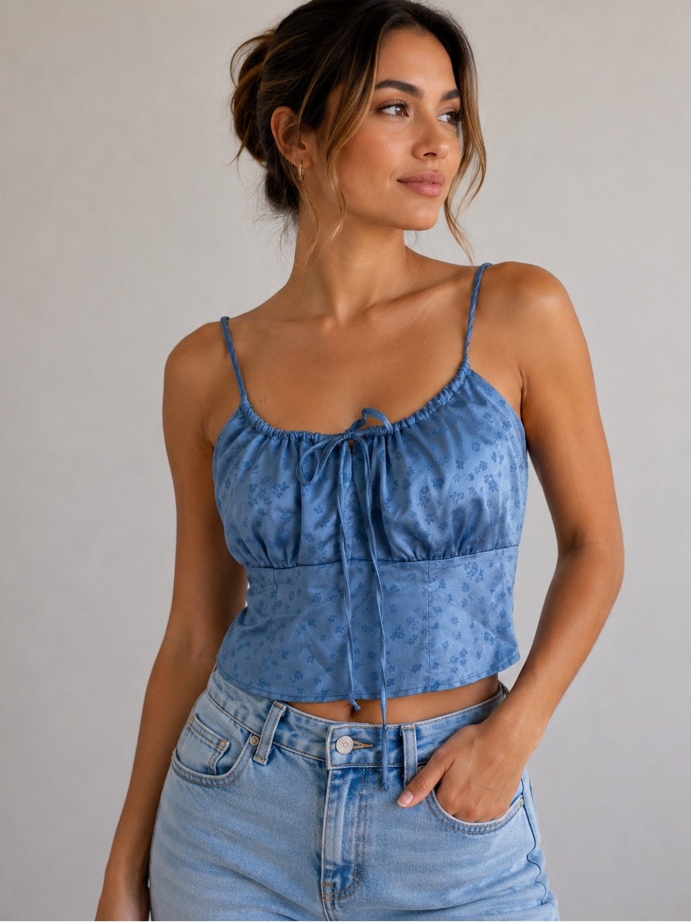 Blue Satin Floral Crop Top with Tie Front – Y2K Cottagecore Aesthetic‎